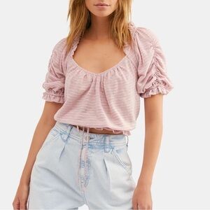 Free People Pink Ruched Sleeve Top